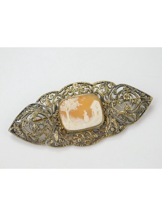 Unbranded Jewelry - Antique 14k Gold 3.25" Filigree Floral Carved Shell Landscape Cameo Brooch Pin